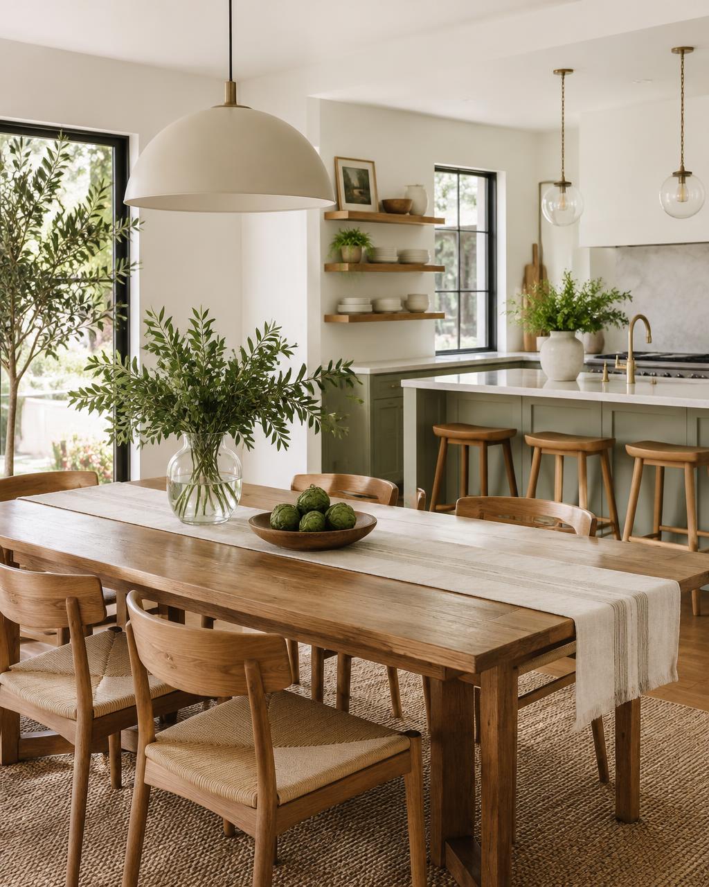 Illustrative bright residential dining area beside a kitchen